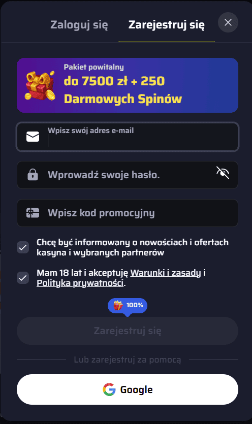 Formularz rejestracyjny BDMbet Casino